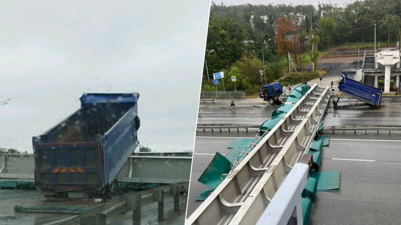 A Vladivostok, un autocarro con cassone ribaltabile è volato in un viadotto pedonale - il ponte è crollato