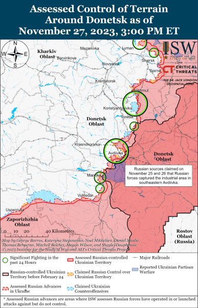 Mappa delle azioni di combattimento del 28 novembre 2023 — situazione al fronte