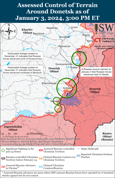 Mappa delle operazioni militari del 4 gennaio 2024 - situazione al fronte