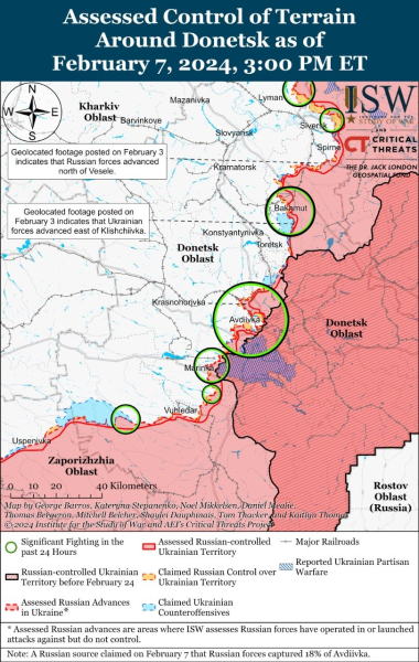 Mappa delle azioni di combattimento dell'8 febbraio 2024 — situazione al fronte