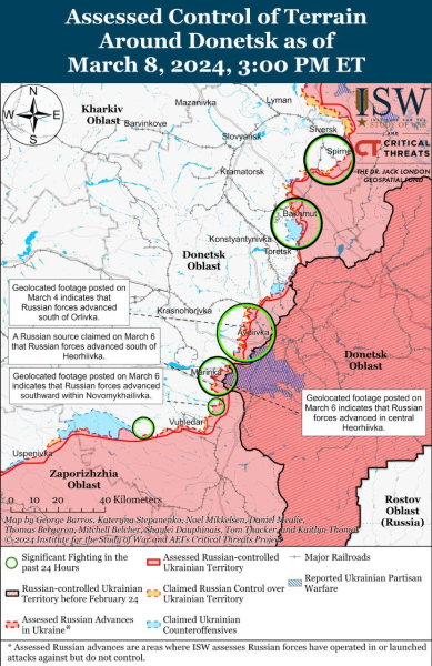 Mappa delle operazioni militari al 9 marzo 2024 - situazione al la parte anteriore