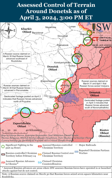 Mappa delle azioni di combattimento al 4 aprile 2024 — situazione al fronte