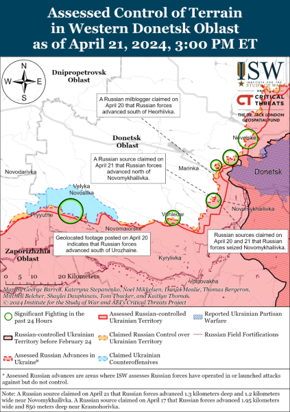 Mappa delle operazioni militari del 22 aprile 2024 - situazione al fronte