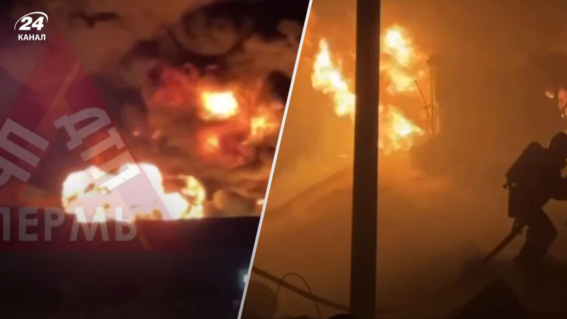 Nella regione di Perm, una base di prodotti petroliferi sta bruciando con forza: video incendio su larga scala