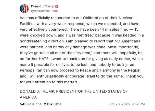 Трамп поблагодарил Иран за "слабый ответ" на удары США по ядерным объектам