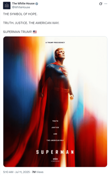 Trump-Superman: la Casa Bianca pubblica una nuova immagine AI del presidente degli Stati Uniti (Foto 1)