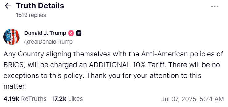 Un altro 10%: Trump minaccia ulteriori dazi sui paesi che sostengono i BRICS Foto 1